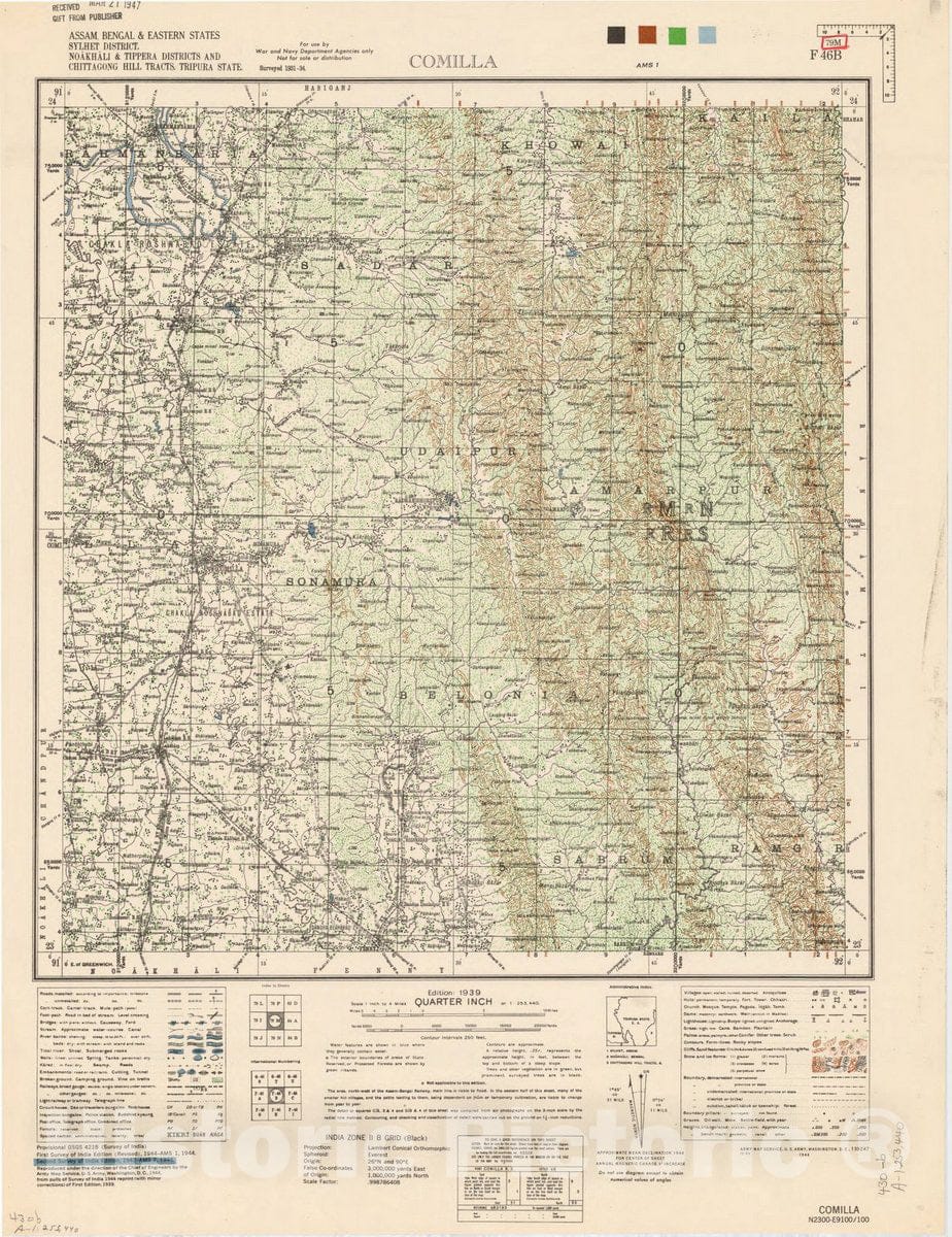 Map : Assam, Bengal & eastern states Sylhet District, Noakhali & Tippera Districts and Chittagong Hill Tracts, Tripura State, Comilla, 79 M 1944, India 1:253,440