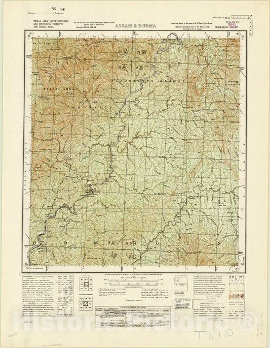 Map : Tribal area, Upper Chindwin and Myitkyina Districts and Tribal area, Assam & Burma, 83 O 1934, India 1:253,440, Antique Vintage Reproduction