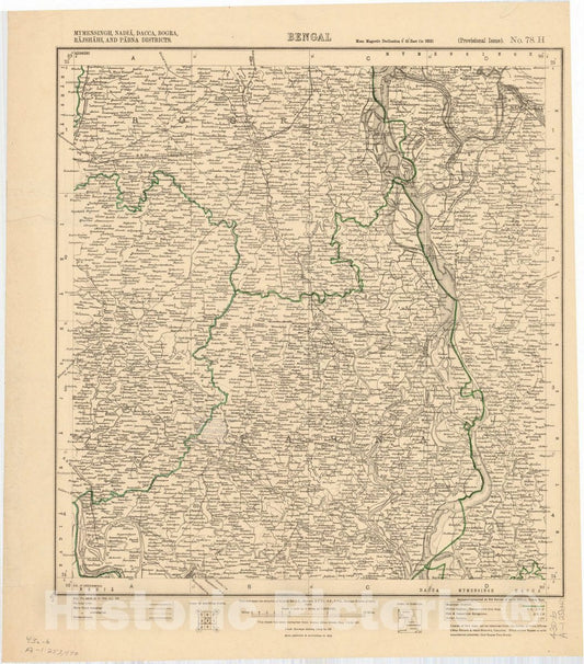 Map : Mymensingh, Nadia, Dacca, Bogra, Rajshahi, and Pabna Districts, Bengal, No. 78 H 1914, India 1:253,440, Antique Vintage Reproduction