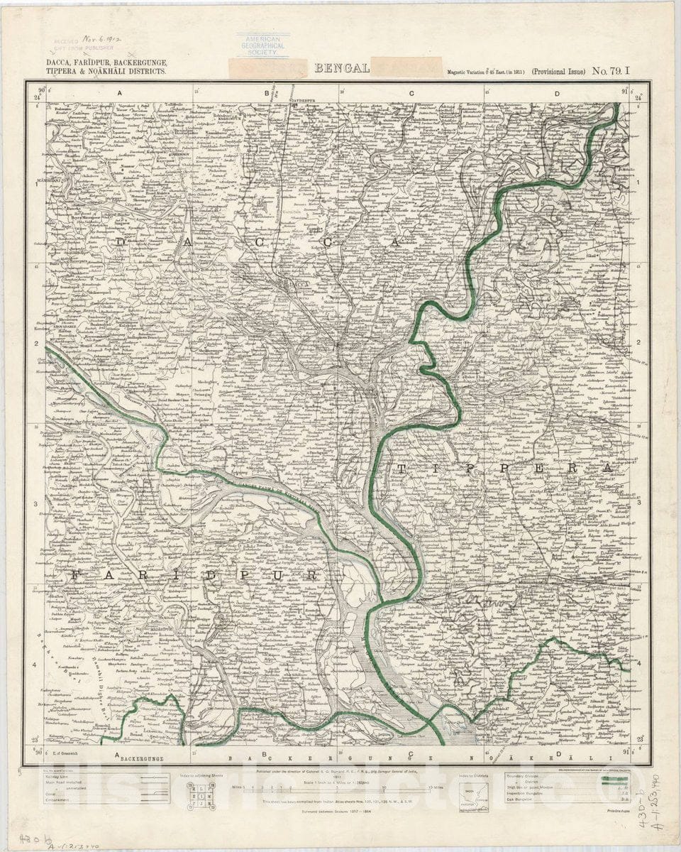 Map : Dacca, Faridpur, Backergunge, Tippera & Noakhali Districts, Bengal, No. 79 I 1911, India 1:253,440, Antique Vintage Reproduction