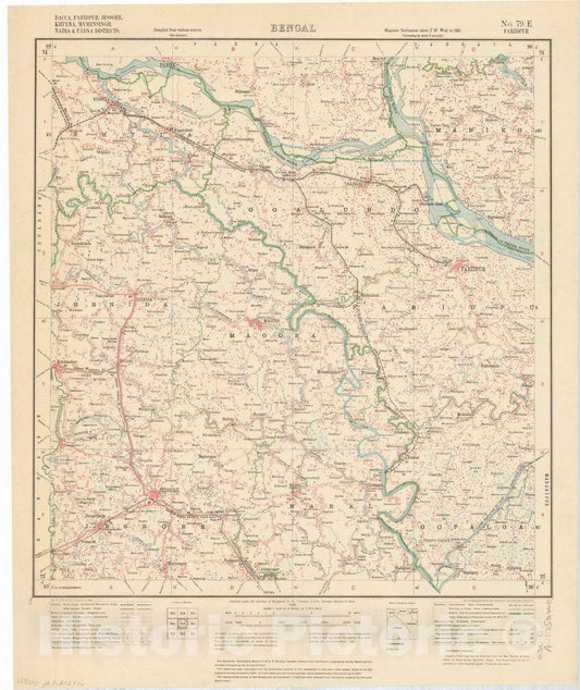 Map : Dacca, Faridpur, Jessore, Khulna, Mymensingh, Nadia & Pabna Districts, Bengal, No. 79 E 1931, India 1:253,440, Antique Vintage Reproduction