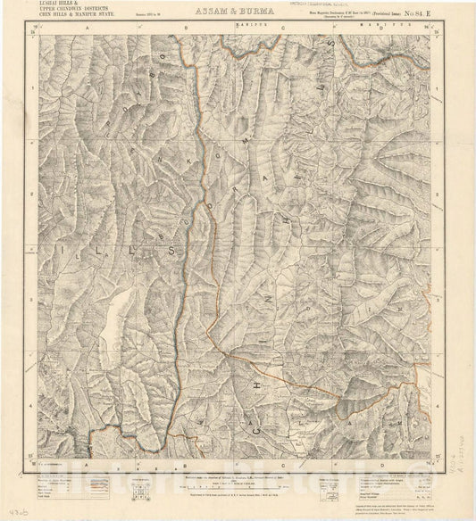 Map : Lushai Hills & Upper Chindwin Districts, Chin Hills & Manipur State, Assam & Burma, No. 84 E 1918, India 1:253,440, Antique Vintage Reproduction