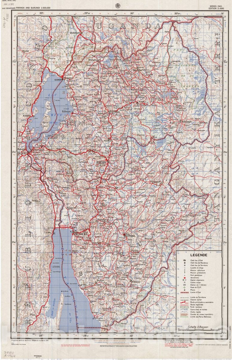 Map : Rwanda and Burundi 1964, Rwanda and Burundi 1:500,000 , Antique Vintage Reproduction