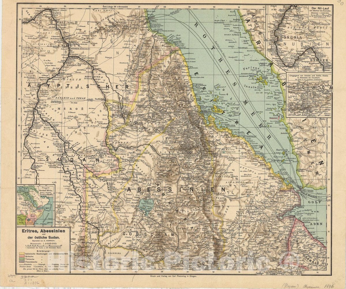 Map : Ethiopia 1896, Eritrea, Abessinien und der ostliche Sudan , Antique Vintage Reproduction