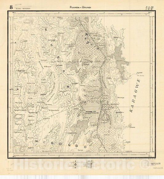 Map : Ruanda-Urundi, Africa 1948 7, Belgian Congo, Africa Ruanda-Urundi District scale 1:100,000 , Antique Vintage Reproduction