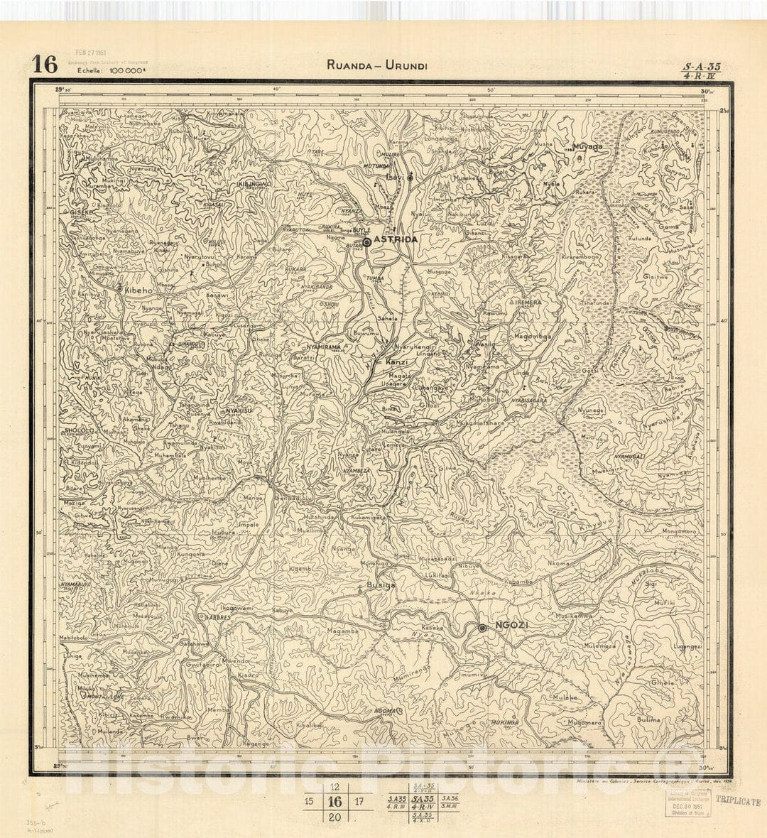 Map : Ruanda-Urundi, Africa 1948 12, Belgian Congo, Africa Ruanda-Urundi District scale 1:100,000 , Antique Vintage Reproduction