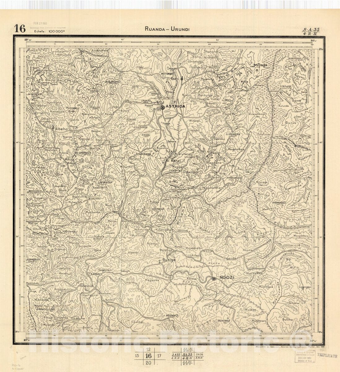 Map : Ruanda-Urundi, Africa 1948 12, Belgian Congo, Africa Ruanda-Urundi District scale 1:100,000 , Antique Vintage Reproduction