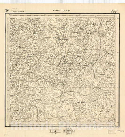 Map : Ruanda-Urundi, Africa 1948 12, Belgian Congo, Africa Ruanda-Urundi District scale 1:100,000 , Antique Vintage Reproduction