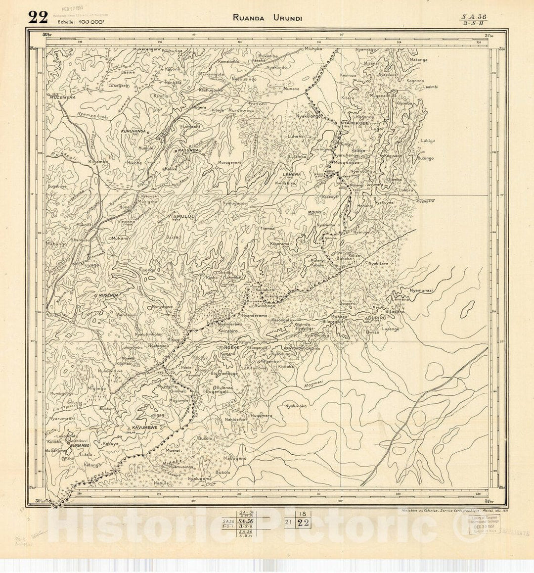 Map : Ruanda-Urundi, Africa 1948 16, Belgian Congo, Africa Ruanda-Urundi District scale 1:100,000 , Antique Vintage Reproduction