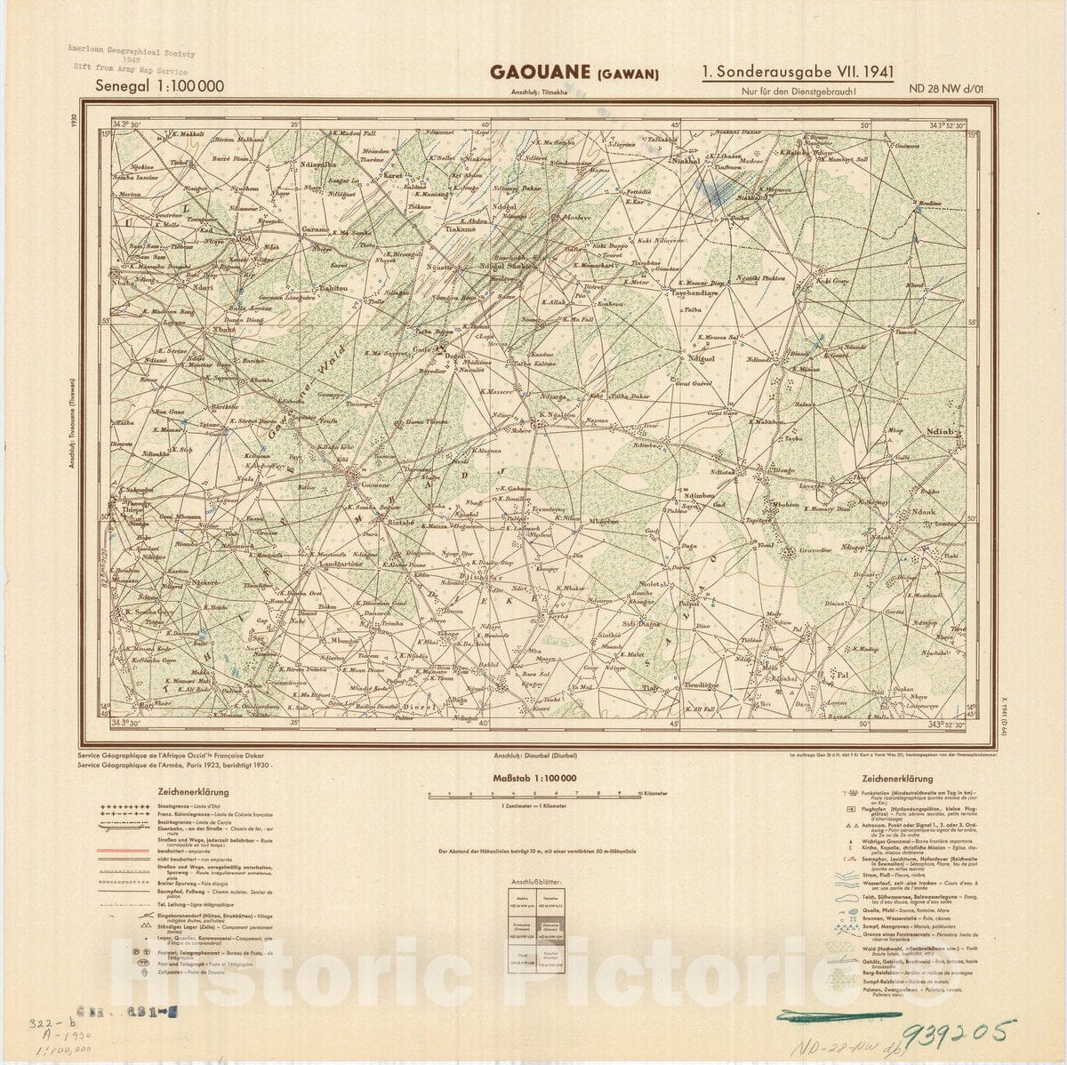 Map : Gaouane (Gawan), Senegal 1941, Senegal 1:100 000 Gaouane (Gawan), Antique Vintage Reproduction
