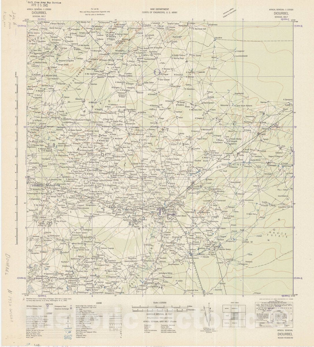 Map : Diourbel, Senegal 1942, Africa, Senegal 1:125000 Diourbel, Senegal Belt , Antique Vintage Reproduction