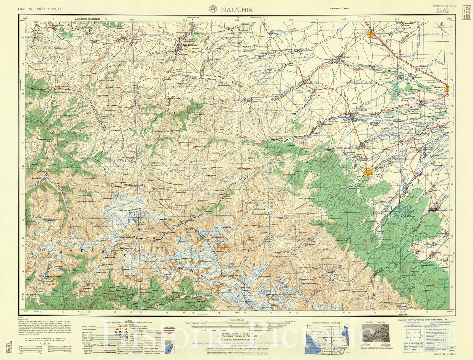 Map : Nal'Chik, Russia 1959, Eastern Europe 1:250,000 Nal'Chik, USSR , Antique Vintage Reproduction