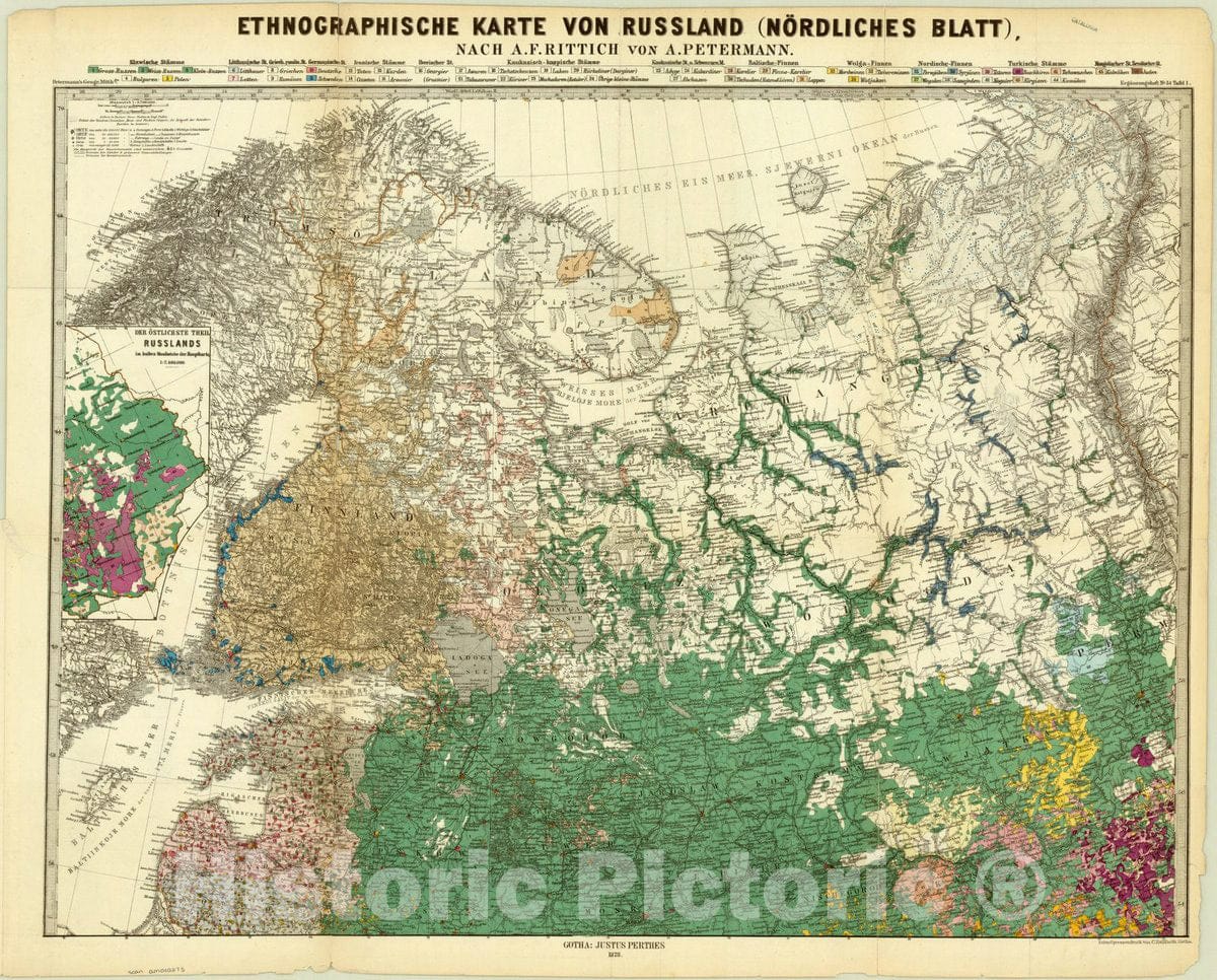 Map : Russia 1878, Ethnographische Karte von Russland : nach A.F. Rittich , Antique Vintage Reproduction