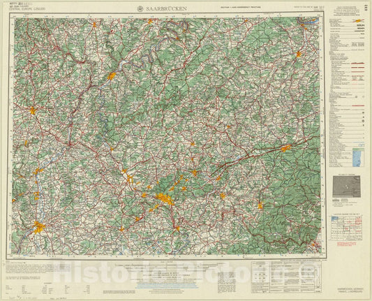Map : Saarbrucken, Germany 1956, Central Europe 1:250,000 Saarbrucken NM 32-7. Saarbrucken, Germany; France; Luxembourg , Antique Vintage Reproduction