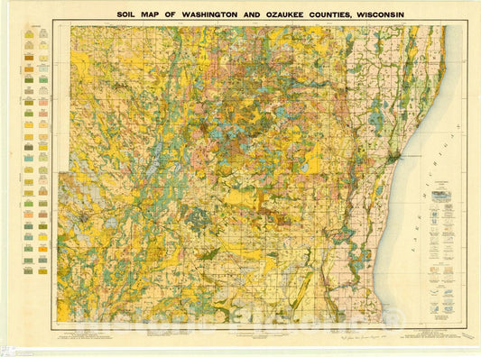 Map : Washington and Ozaukee counties, Wisconsin 1921, Soil map, Wisconsin, Washington and Ozaukee Counties sheet , Antique Vintage Reproduction
