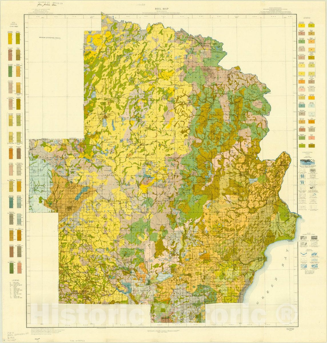 Map : Wisconsin 1913, Soil map, Wisconsin, reconnoissance survey : northeastern Wisconsin sheet , Antique Vintage Reproduction