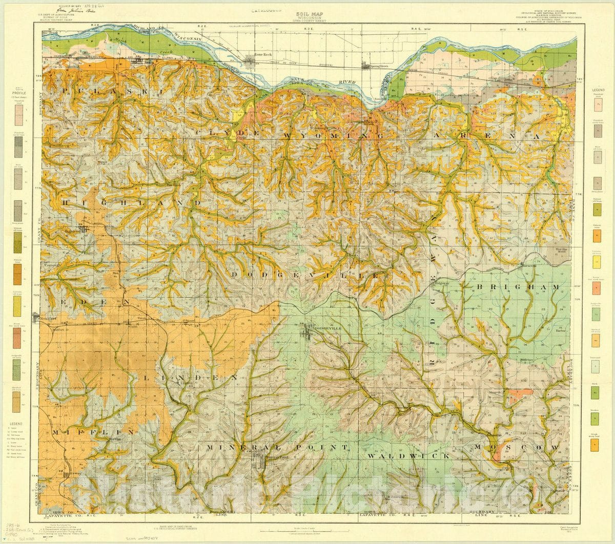 Map : Iowa county, Wisconsin 1910, Soil map, Wisconsin, Iowa County Sheet , Antique Vintage Reproduction