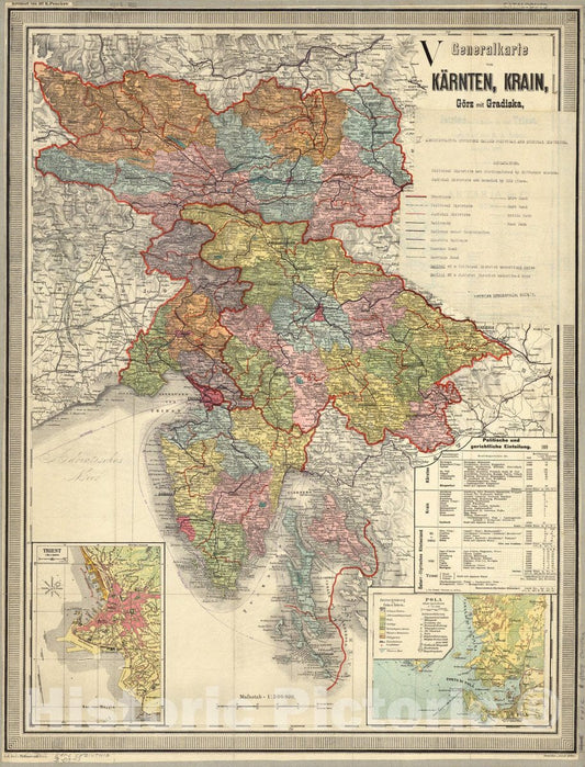 Map : Carinthia, Austria 1909, Generalkarte von Karnten, Krain, Gorz mit Gradiska, Istrien und d. Gebiete der Stack Triest, Antique Vintage Reproduction