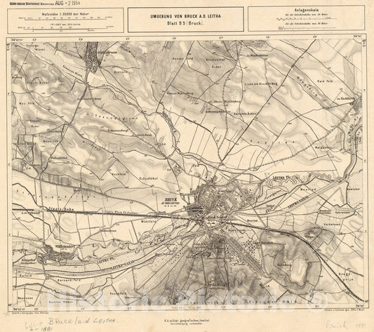 Map : Bruck an der Mur, Austria 1881, Umgebung von Bruck A.D. Leitha Blatt B3 (Bruck) , Antique Vintage Reproduction