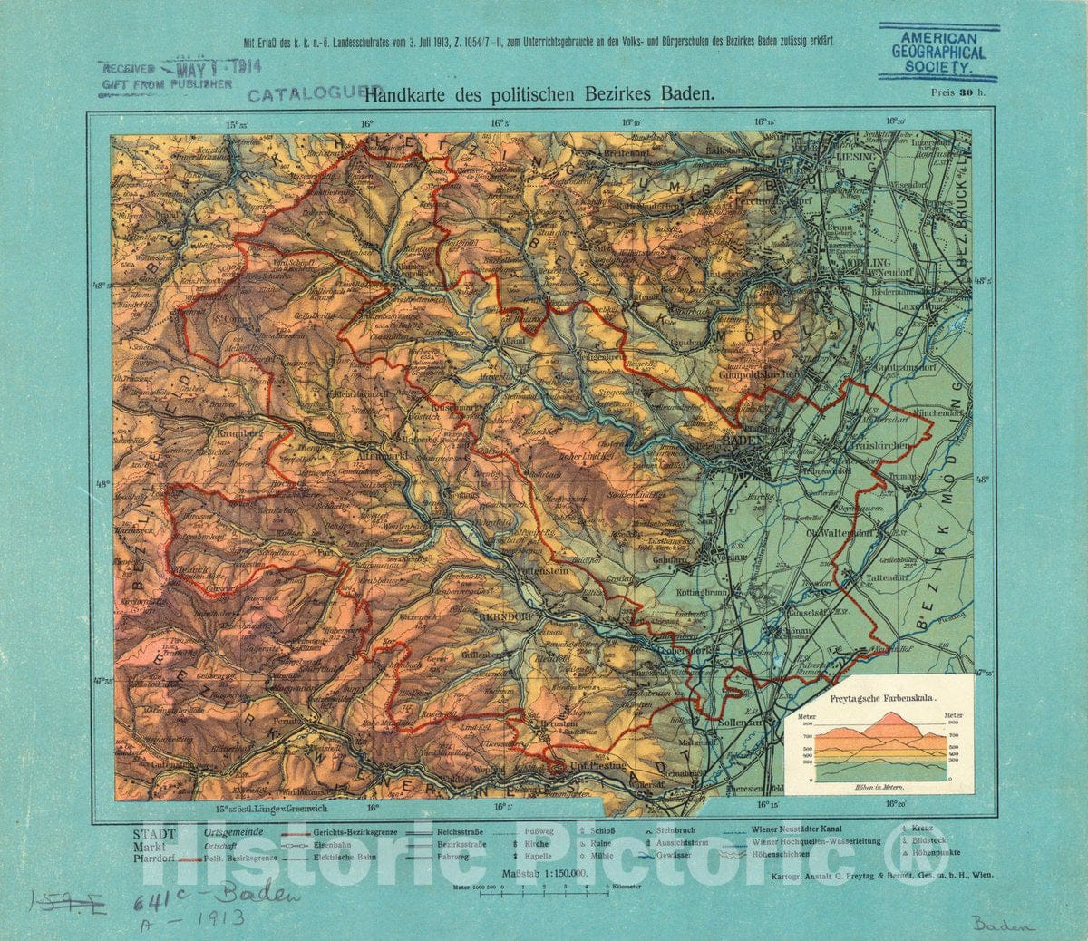 Map : Baden, Switzerland 1913, Handkarte des politischen Bezirkes Baden , Antique Vintage Reproduction