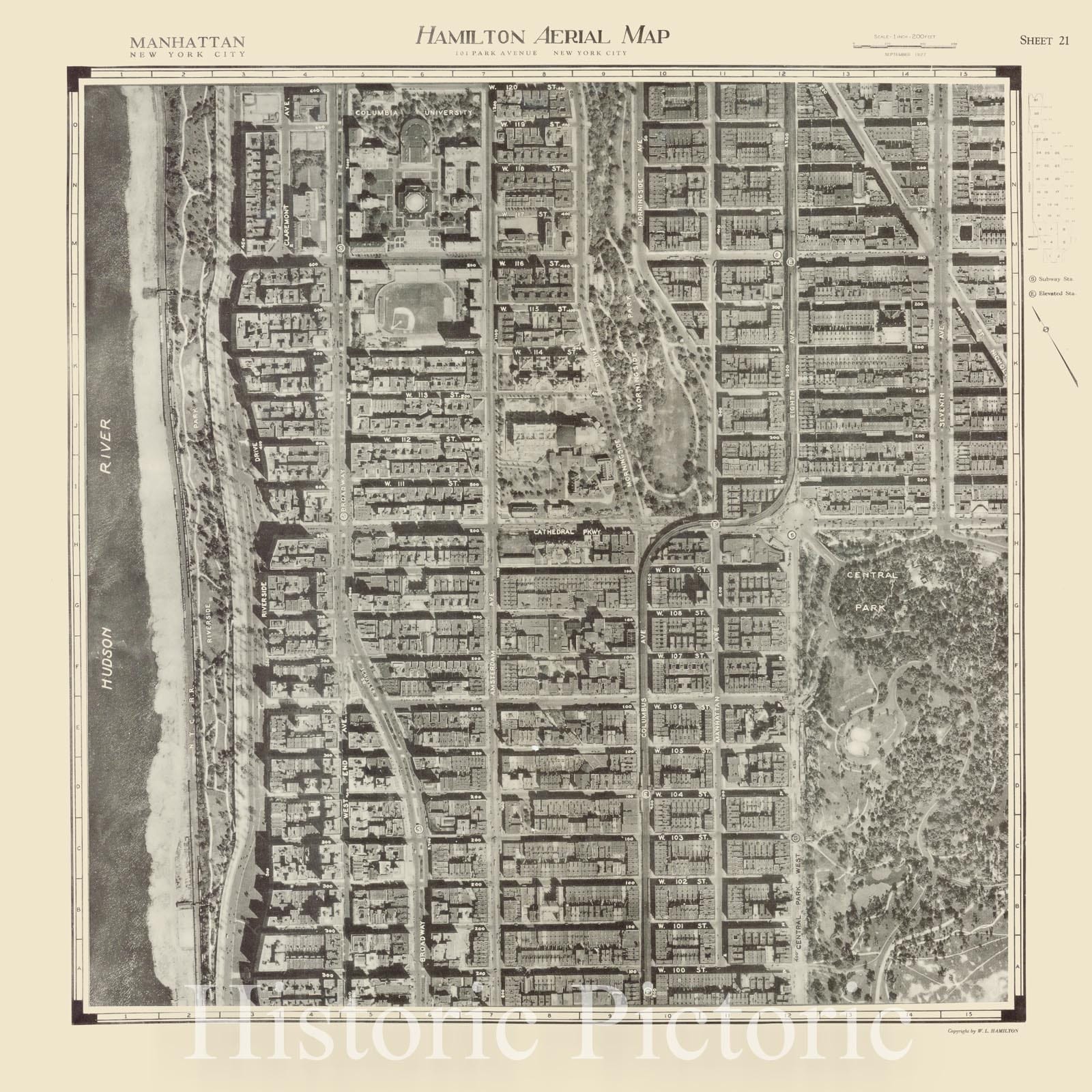 Map : New York city, New York 1927, Manhattan, New York city, Hamilton Aerial Map sheet 21 , Antique Vintage Reproduction