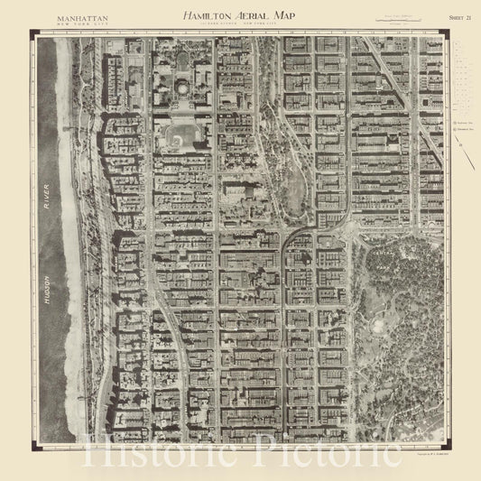 Map : New York city, New York 1927, Manhattan, New York city, Hamilton Aerial Map sheet 21 , Antique Vintage Reproduction