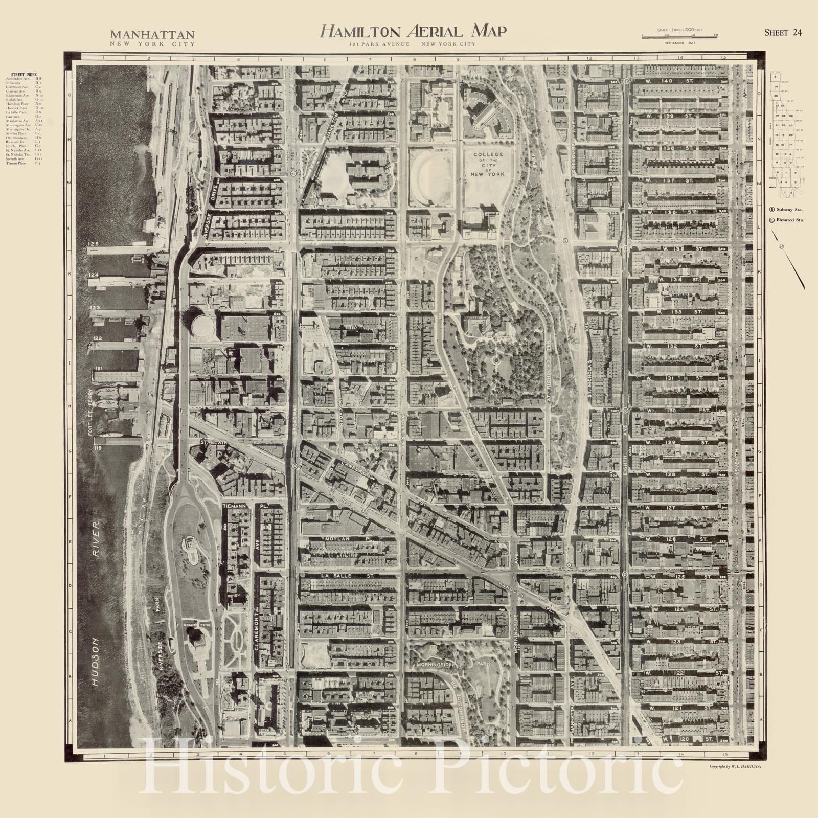 Map : New York city, New York 1927, Manhattan, New York city, Hamilton aerial map sheet 24, Antique Vintage Reproduction