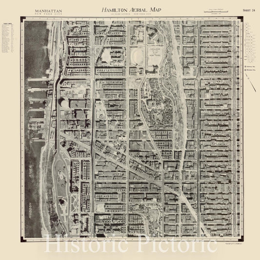 Map : New York city, New York 1927, Manhattan, New York city, Hamilton aerial map sheet 24, Antique Vintage Reproduction