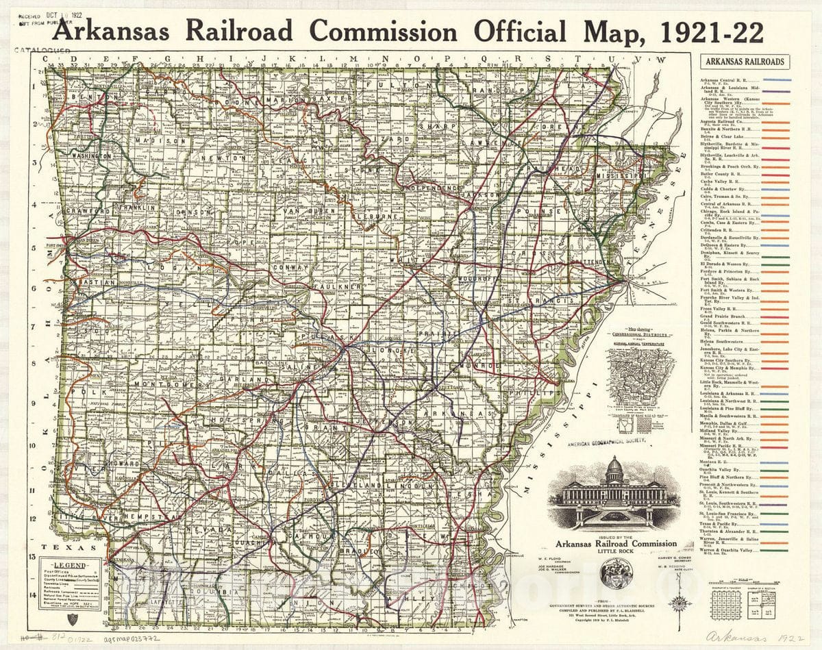 Map : Arkansas 1922, Arkansas Railroad Commission official map, 1921-22 , Antique Vintage Reproduction