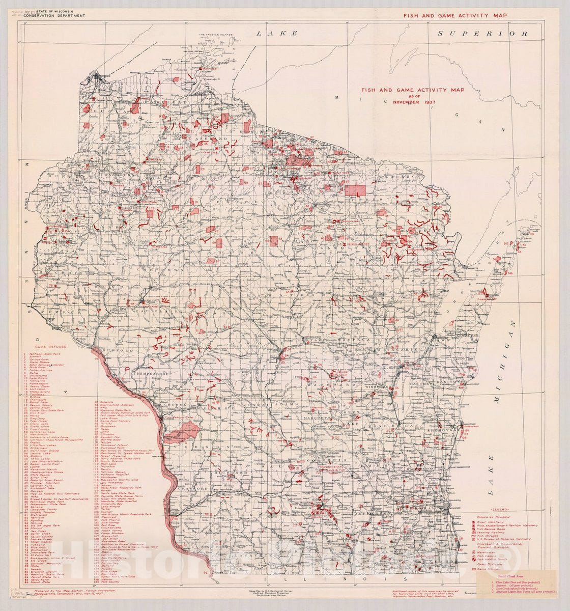 Map : Wisconsin 1937, Fish and game activity map as of November 1937 : [Wisconsin] , Antique Vintage Reproduction