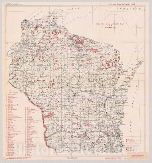 Map : Wisconsin 1937, Fish and game activity map as of November 1937 : [Wisconsin] , Antique Vintage Reproduction