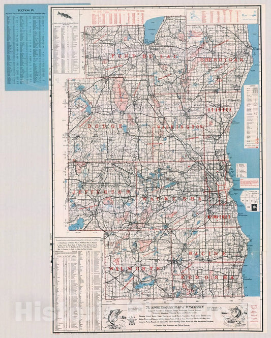 Map : Wisconsin 1960 2, Sportsman's map of Wisconsin , Antique Vintage Reproduction
