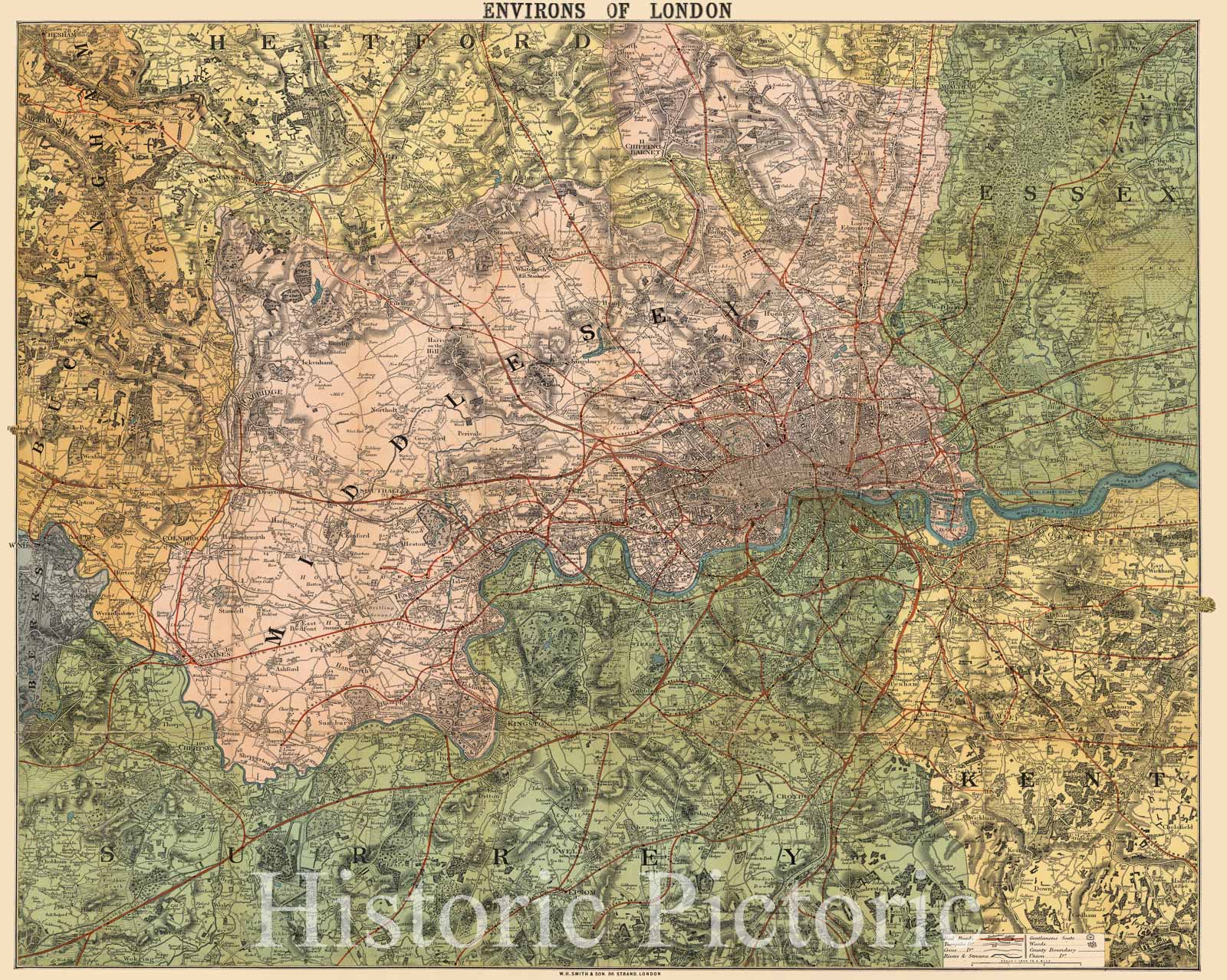 Map : London 1884, Environs of London , Antique Vintage Reproduction