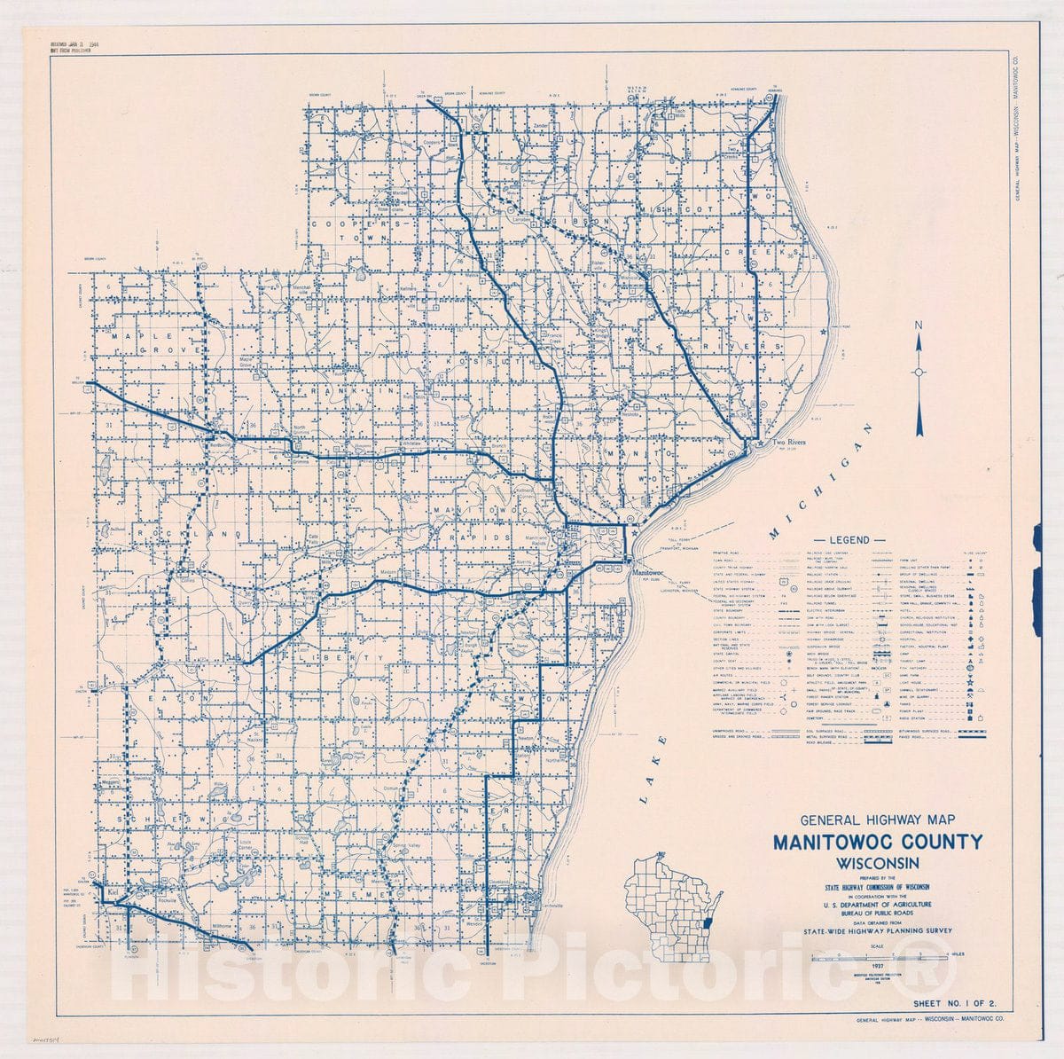Map : Manitowoc County, Wisconsin 1937 3, General highway map ... County, Wisconsin , Antique Vintage Reproduction