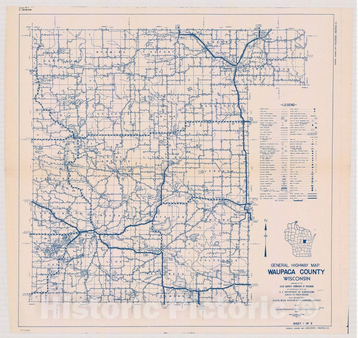 Map : Waupaca County, Wisconsin 1937 2, General highway map ... County, Wisconsin , Antique Vintage Reproduction