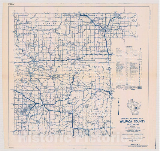 Map : Waupaca County, Wisconsin 1937 2, General highway map ... County, Wisconsin , Antique Vintage Reproduction