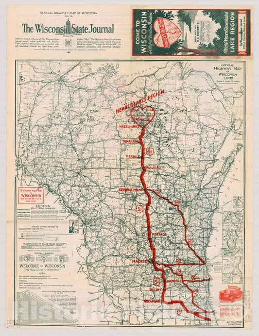 Map : Wisconsin 1933, Official highway map of Wisconsin , Antique Vintage Reproduction