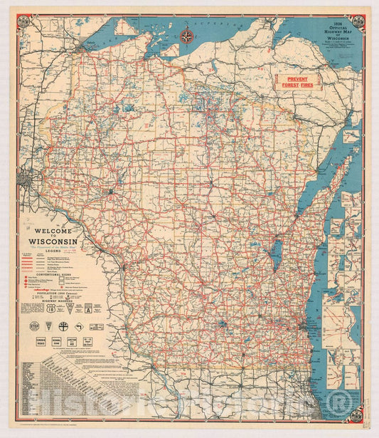 Map : Wisconsin 1936, Official highway map of Wisconsin , Antique Vintage Reproduction
