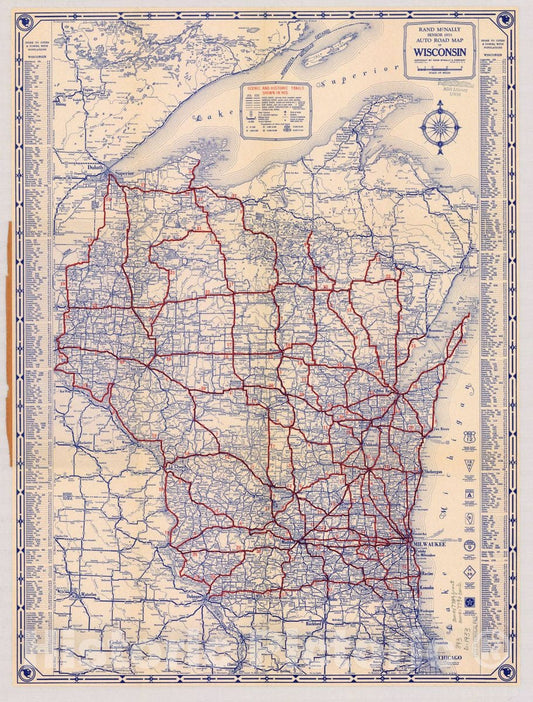 Map : Wisconsin 1933, Rand McNally senior 1933 auto road map of Wisconsin , Antique Vintage Reproduction