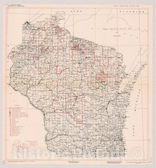 Map : Wisconsin 1937, Forest protection activity map as of January 1937, Antique Vintage Reproduction