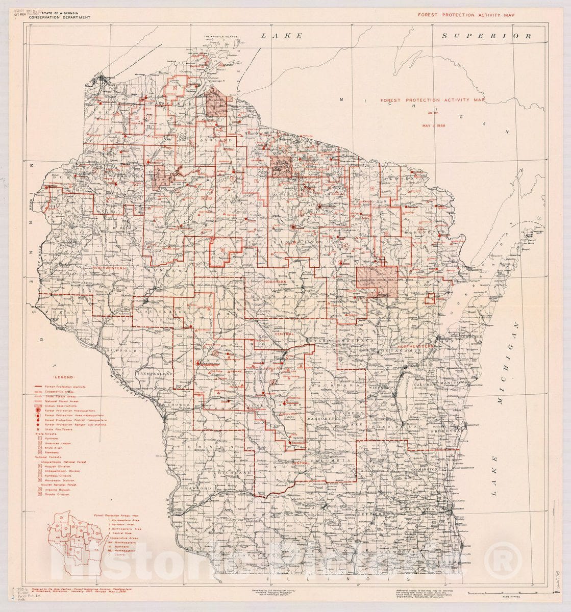Map : Wisconsin 1938, Forest protection activity map as of May 1, 1938, Antique Vintage Reproduction