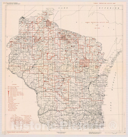 Map : Wisconsin 1938, Forest protection activity map as of May 1, 1938, Antique Vintage Reproduction
