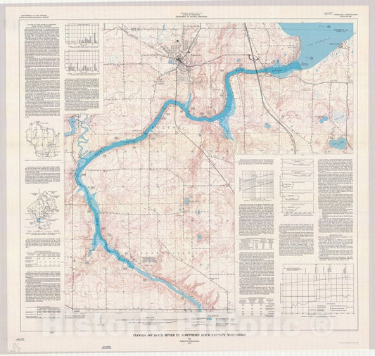 Map : Rock River, Rock County, Wisconsin 1970, Floods on Rock River in northern Rock County, Wisconsin , Antique Vintage Reproduction