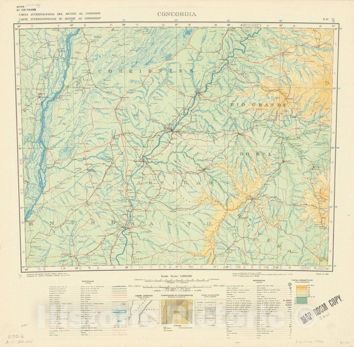Map : Concordia, Argentina 1952, Carta Internacional del Mundo al 1.000.000 Concordia S.H. 21, Antique Vintage Reproduction