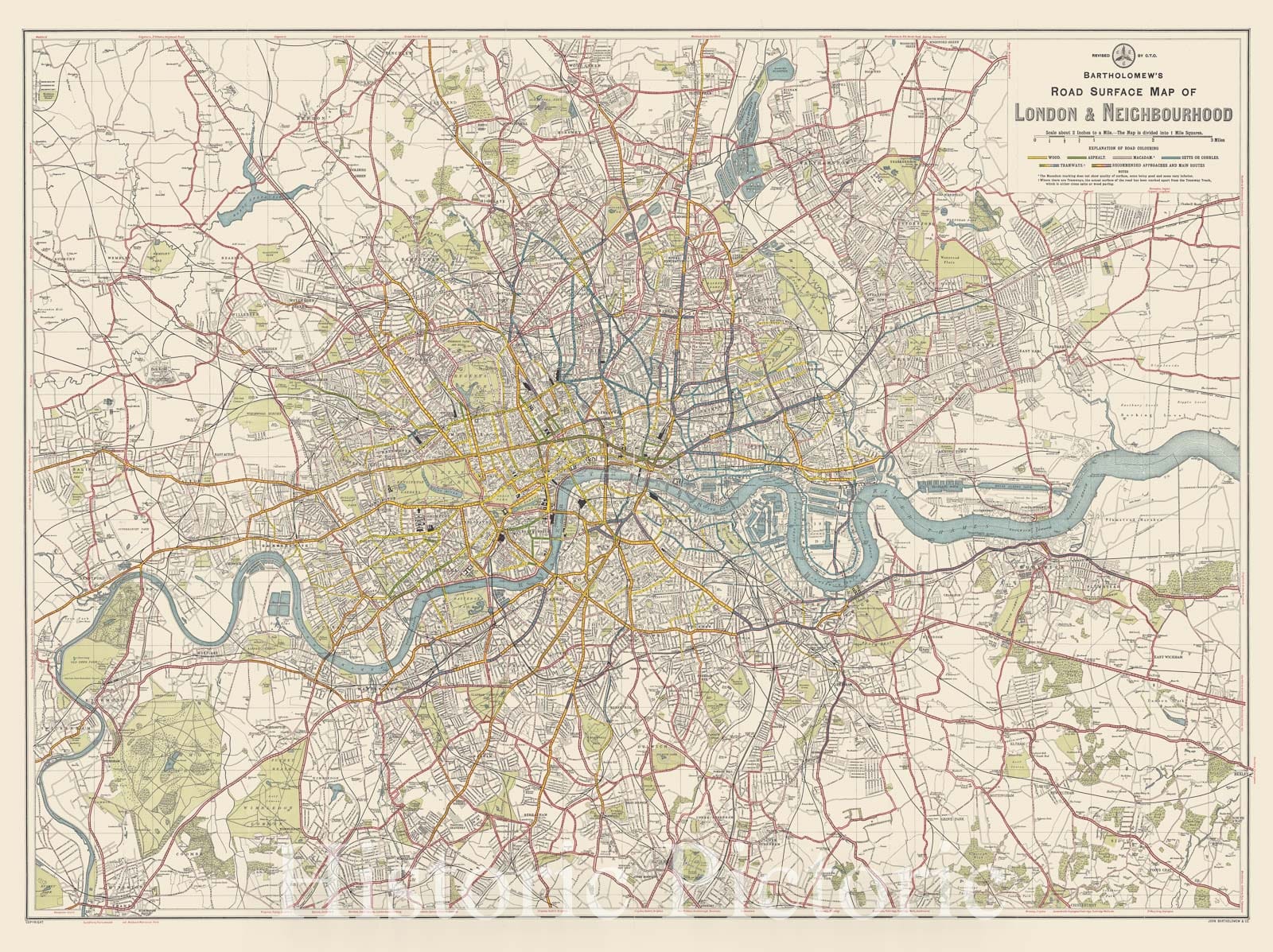 Map : London, England 1906, Bartholomew's road surface map of London & neighbourhood , Antique Vintage Reproduction