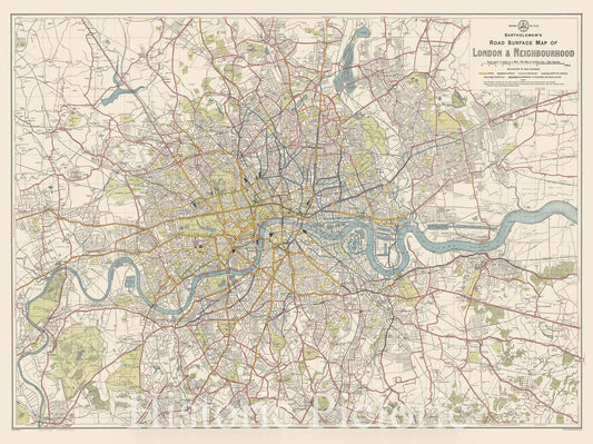 Map : London, England 1906, Bartholomew's road surface map of London & neighbourhood , Antique Vintage Reproduction