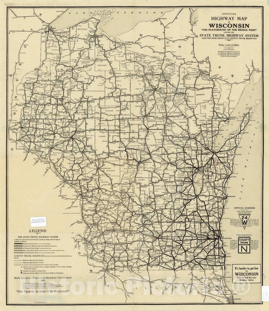 Map : Wisconsin 1924, Official highway map of Wisconsin : |"The playground of the middle west|" , Antique Vintage Reproduction