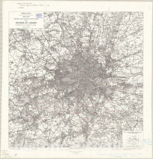 Map : London, England 1897, England, index shewing the Ordnance Survey maps of the revision of London on the scale of 6 inches to 1 mile , Antique Vintage Reproduction