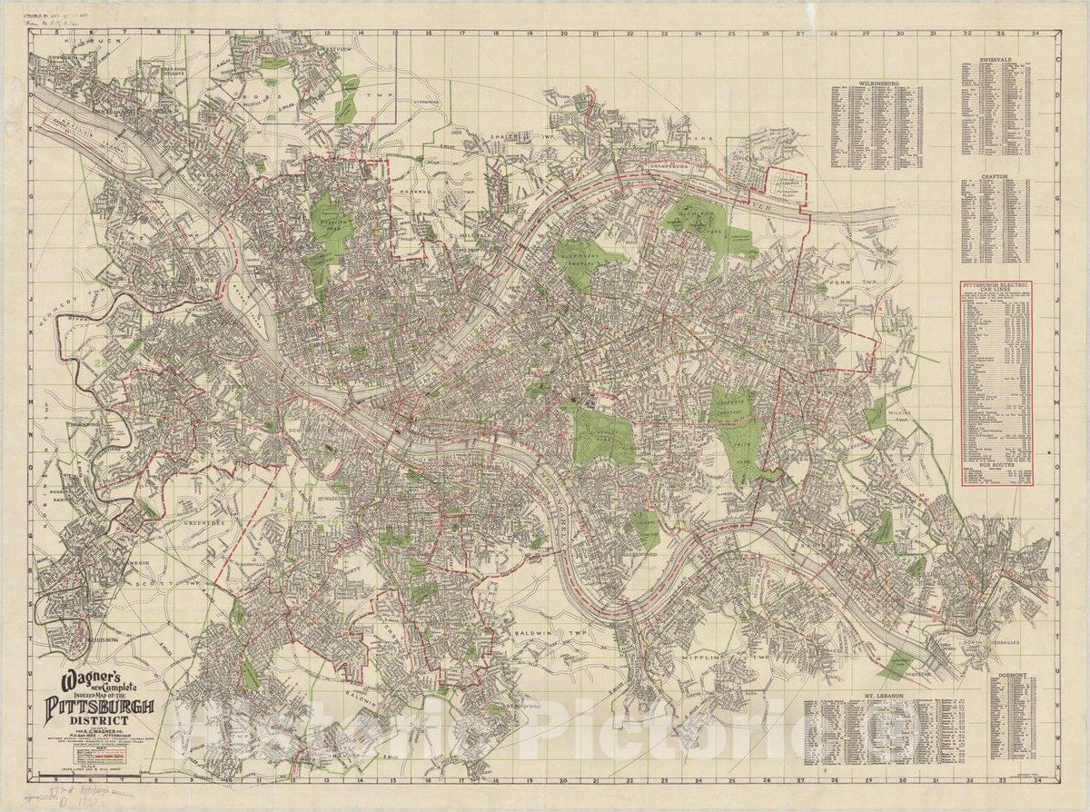 Map : Pittsburgh, Pennsylvania 1929, Wagner's new complete indexed map of the Pittsburgh District , Antique Vintage Reproduction