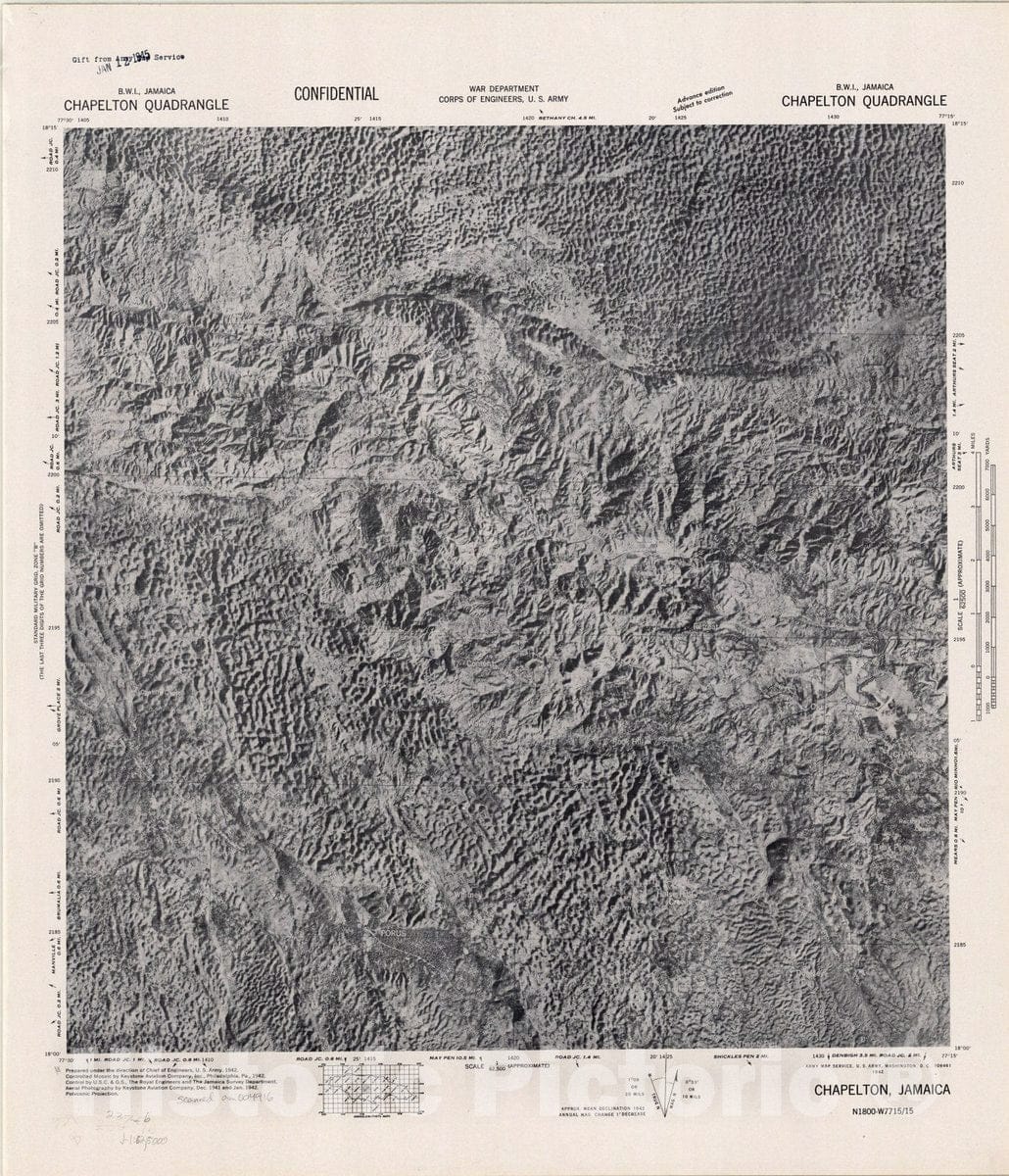 Map : Chapelton quadrangle, Jamaica 1942, Jamaica B.W.I. 1:62,500, Antique Vintage Reproduction